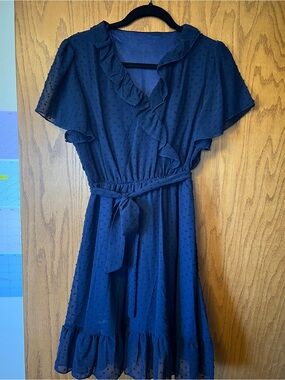 Navy Ruffle Wrap Dress with Belt